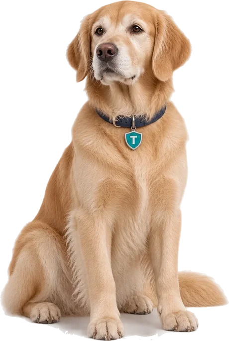 Tango – dojrzały golden retriever z granatową obrożą i turkusową zawieszką w kształcie tarczy z literą T